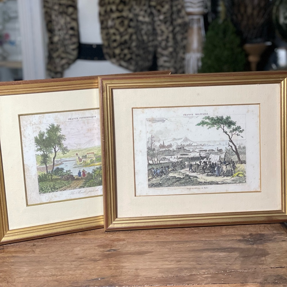 2 French gold Framed Art prints hand painted 1940’s France landscapes